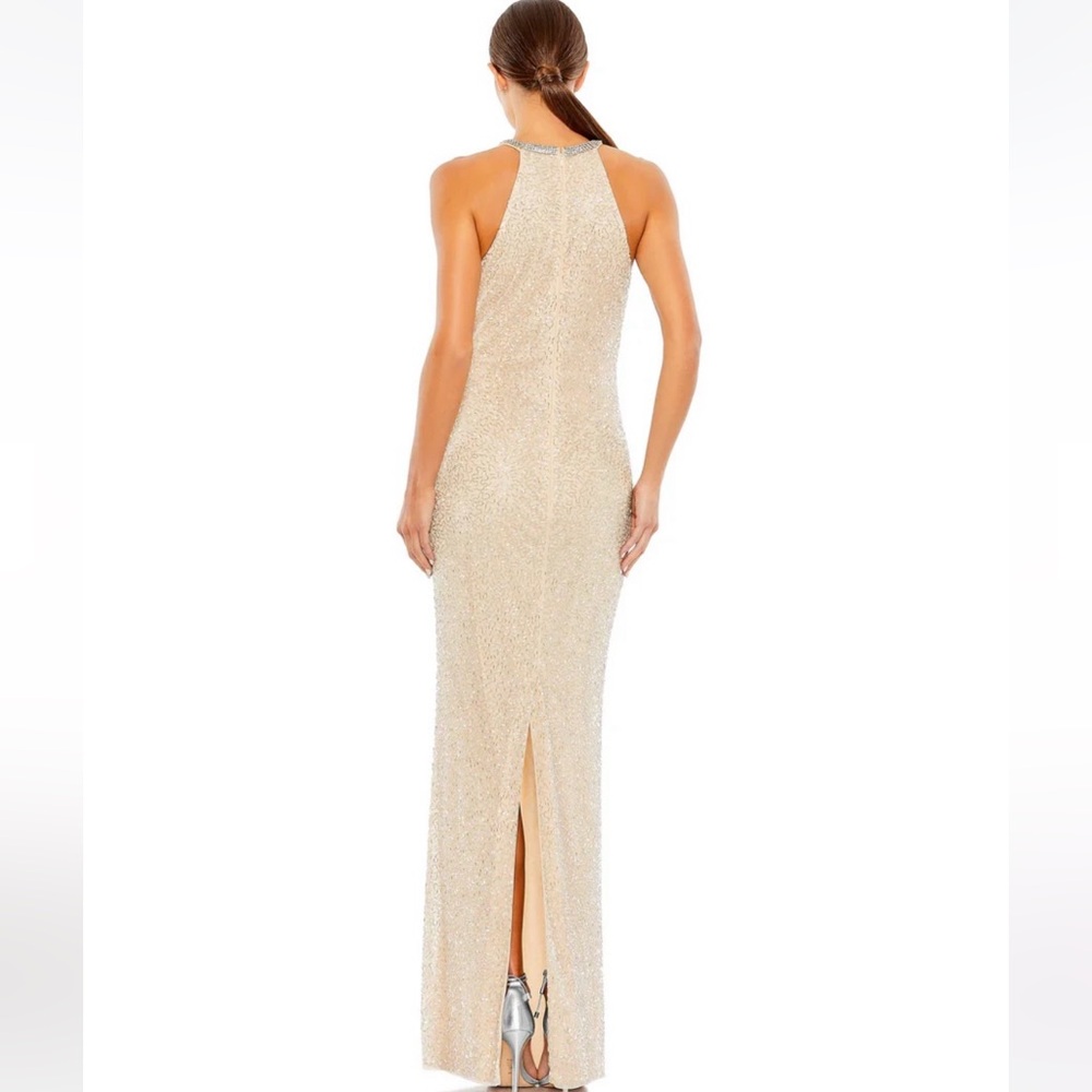 Mac Duggal Beige Beaded Sleeveless High Neck Formal Column Gown - Picture 2 of 13